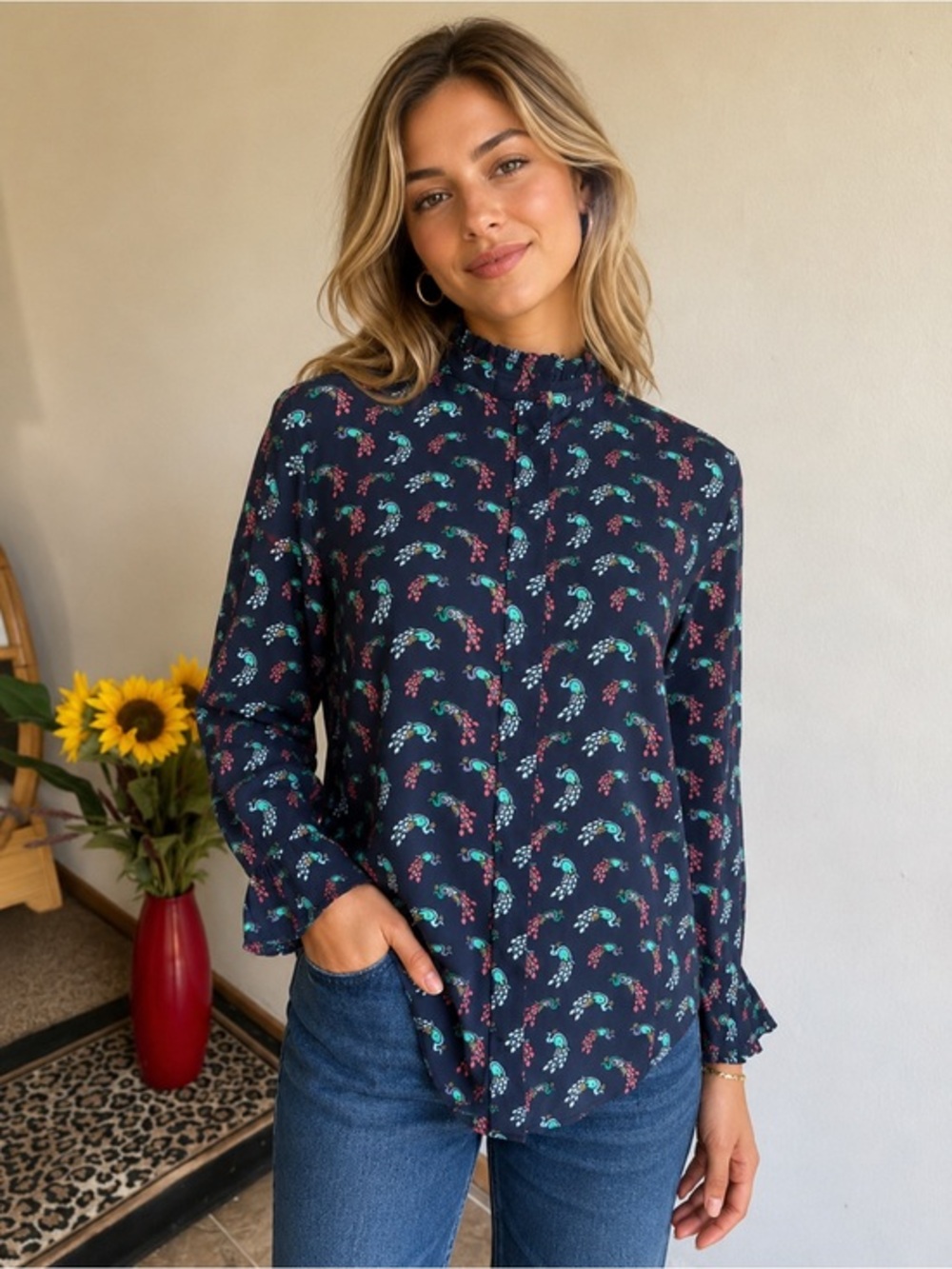 LOFT Peacock Button Down Navy Blue Blouse Size XS